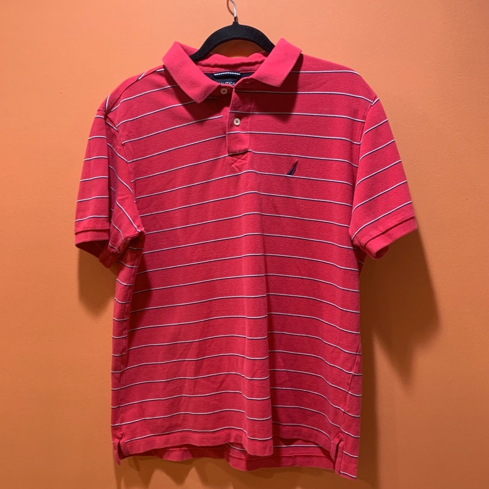Nautica Striped Short Sleeve Polo Tee Shirt Men’s Size M Medium Hot Pink cotton